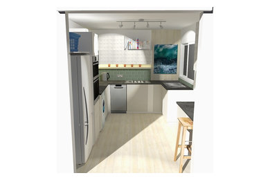 Example of a small trendy u-shaped light wood floor enclosed kitchen design in Hampshire with flat-panel cabinets, white cabinets, laminate countertops, green backsplash, glass tile backsplash, stainless steel appliances and a peninsula