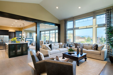 Example of a transitional living room design in Denver