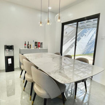 Luxury Marble Formal Dining Area with Outdoor Patio Access