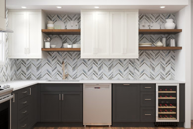 ワシントンD.C.にあるモダンスタイルのおしゃれな独立型キッチン (アンダーカウンターシンク、フラットパネル扉のキャビネット、モザイクタイルのキッチンパネル、白いキッチンカウンター) の写真