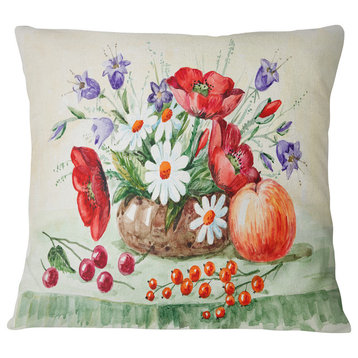 Colorful Bunch of Flowers and Fruits Floral Throw Pillow, 18"x18"