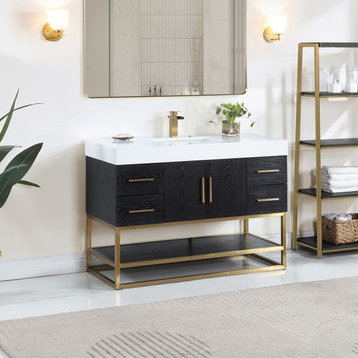 Bianco Bathroom Vanity Composite Stone Top, Black Oak/Brushed Gold, 48d", Without Mirror