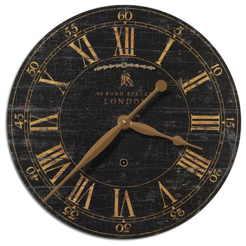 18" London Round Brass Pendulum Wall Clock, Black Crackled Face Old World