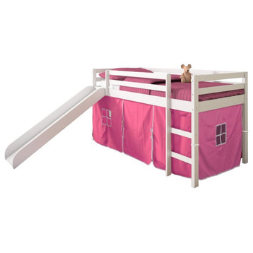 Donco Kids Twin Solid Wood Mission Low Loft Bed with Pink Tent in White