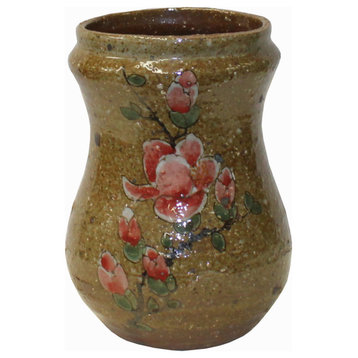 Handmade Ceramic Brown Tan Gray Flower Graphic Jar Vase Hws2464