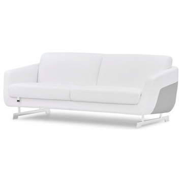 Modern Armondo Sofa in Two Tone White Microfiber Leather and Grey Accent