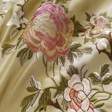 QYHL226N Silver Beach Embroidered Peony Faux Silk Beautiful Custom Made Curtains