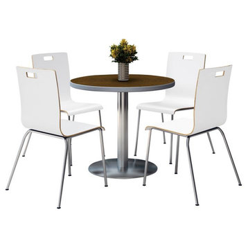 KFI Round 42" Pedestal Table - 4 White Stacking Chairs - Walnut Top