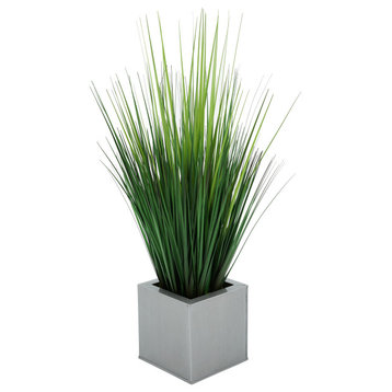Faux Grass in Square Zinc Cube, Silver