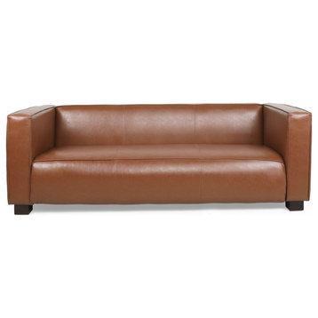 Minkler Contemporary Faux Leather 3 Seater Sofa, Cognac/Dark Walnut