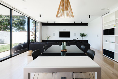 Photo of a large contemporary dining room in Sydney with white walls and light hardwood floors.