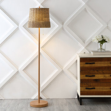 Ocata 61" 2-Light Iron/Rattan LED Floor Lamp With Pull-Chain, Brown Wood Finish