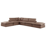Meridian Furniture - Comfy Upholstered L-Shaped Modular Sectional, Brown, 6-Piece: 3 Armless Chair, 1 Corner Chair, 2 Ottoman, Vegan Leather - Give your space a whole new look with this brown Comfy vegan leather sectional. This handsome sectional fits nicely with other items in the Comfy collection and is a versatile seating option designed for adaptability, comfort and style. Wrapped in rich brown durable vegan leathered upholstery, this sectional offers a plush embrace of overstuffed down feather cushions, carefully crafted to deliver the highest level of comfort. The perfect seat for creating an oasis for relaxation, this sectional has thick foam surrounding its frame for added support and coziness.