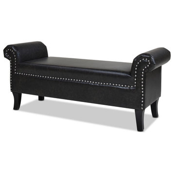 Kathy Roll Arm Entryway Accent Bench, Vintage Black Brown Faux Leather