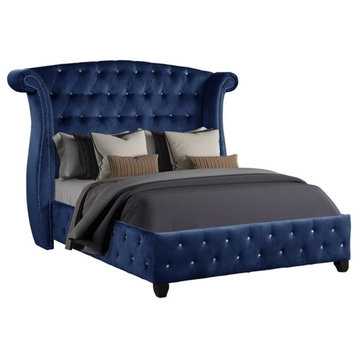 Sophia Crystal Tufted Upholstery Queen Size Bed finished with Wood in Blue