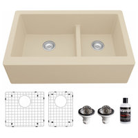 Karran Farmhouse Quartz 34" Double Offset Bowl Sink Kit, Bisque