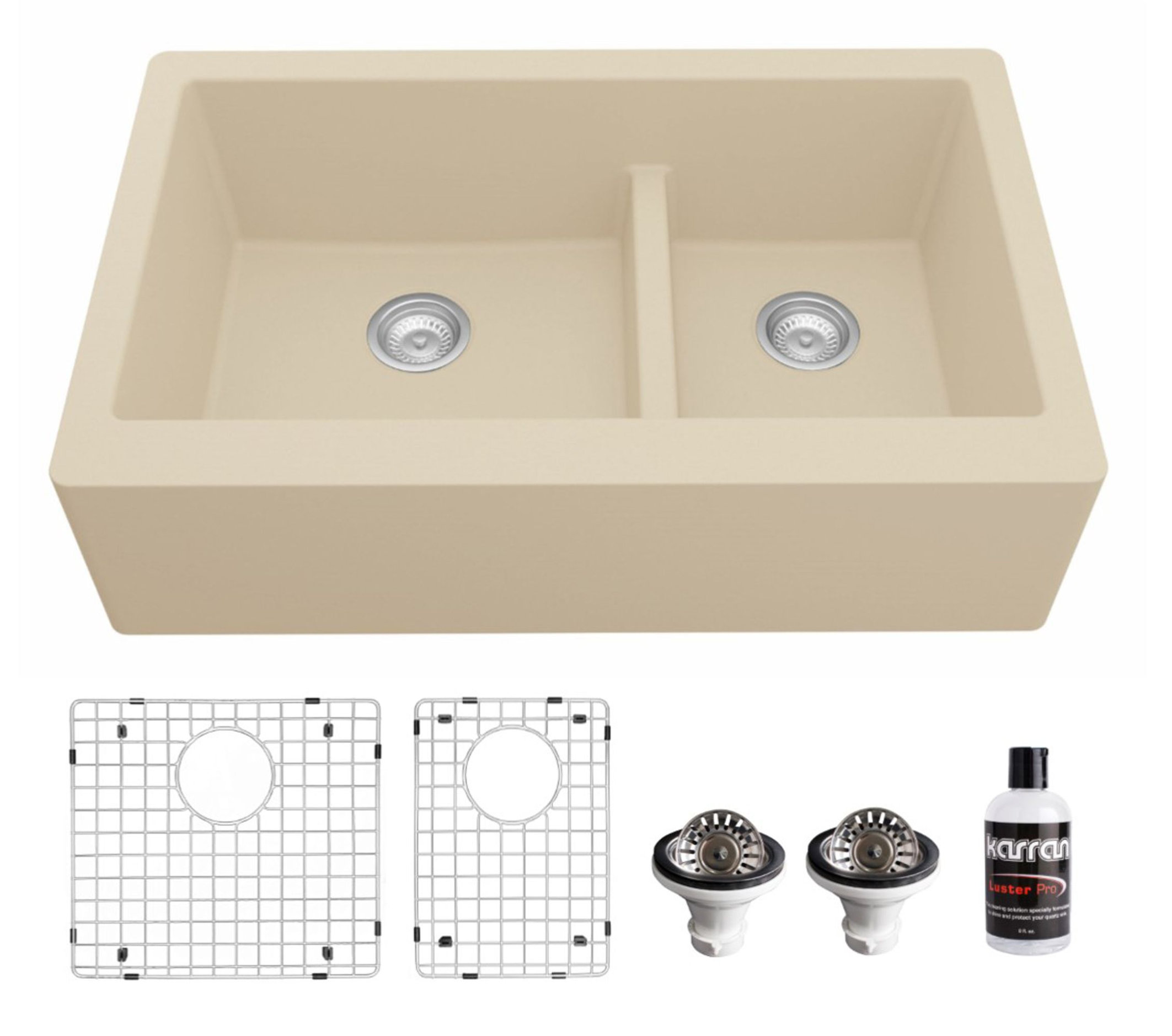 Karran Farmhouse Quartz 34" Double Offset Bowl Sink Kit, Bisque