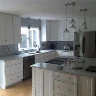 Mid-sized kitchen pantry ideas - Mid-sized l-shaped kitchen pantry photo in Huntington with raised-panel cabinets, white cabinets, soapstone countertops and stone tile backsplash