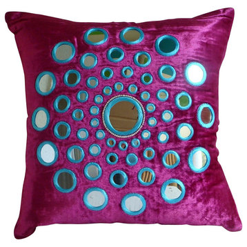 Velvet Indian Pillow Covers Fuchsia Pink 20"x20" Mirror, Circle Of Images