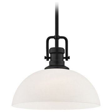 Industrial Matte Black Pendant Light with White Glass 13-Inch Wide