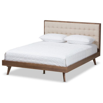 Catania Modern / Contemporary Tufted Full Platform Bed in Beige and Walnut