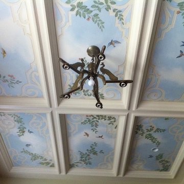 Painted coffered ceiling with floral and birds