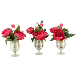 Traditional Artificial Flower Arrangements Artificial Burgundy Peonies and Mercury Glass Vase, Set of 3
