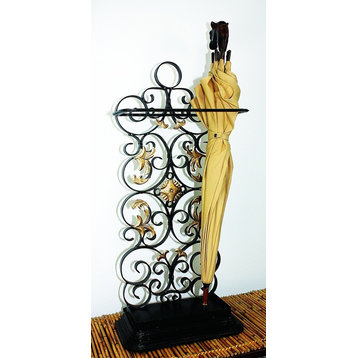 Burnished Gold with Antique gold accent iron Scroll Umbrella Stand on Wood Base