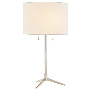 Polished Nickel Frame and Painted Gray With Linen Drum Shade Table Lamp