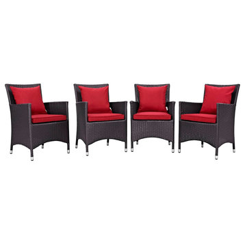 Modern Contemporary Urban Outdoor Patio 4-Piece Dining Chairs Set, Red, Rattan