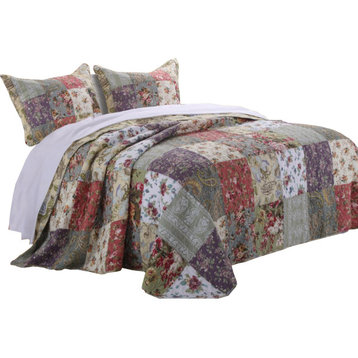 Chicago 3 Piece Fabric King Bedspread Set With Jacobean Prints, Multicolor