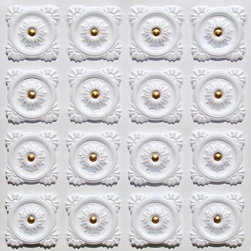118 White Pearl & Gold Faux Tin Ceiling Tile 24x24 - Golden-Eyed Daisies - Ceiling Tile