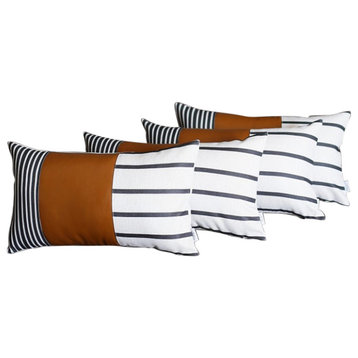 Set Of 4 Black And White Faux Leather Lumbar Pillow Covers