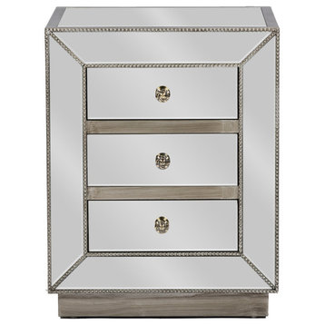 Contemporary Nightstand, Mirrored Design With 3 Drawers & Unique Pull Handles