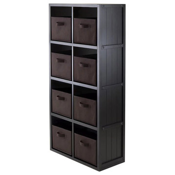 Bookcase, Tall Design & 8 Storage Shelves With Pull Handles, Chocolate/Black