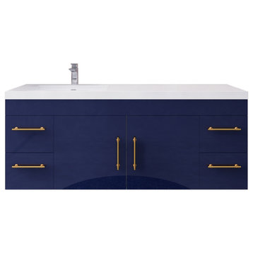 Rosa 60" Wall Mounted Vanity with Reinforced Acrylic Sink (Left Side Sink), Glossy Night Blue