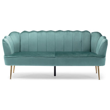Ohnstad Modern Velvet Channel Stitch 3 Seater Shell Sofa, Turquoise + Gold