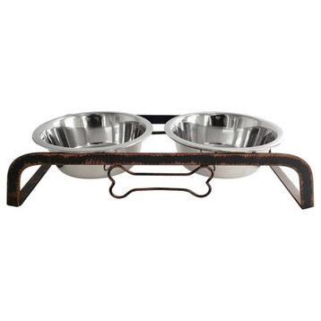 Elevated Rustic Bone Dog Feeder with 2 Stainless Steel Dog Bowls, 64 Ounce