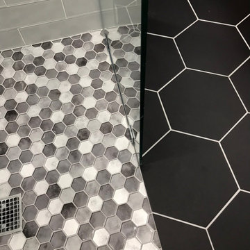 Glass Mosaic Hexagon Curbless Floor Entry Shower