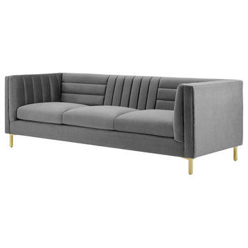 Channel Tufted Sofa, Velvet Couch, Gray