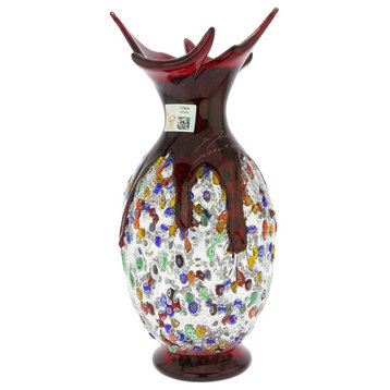 GlassOfVenice Murano Glass Millefiori Art Glass Spiky Amphora Vase - Red