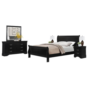 5-Piece Modern C King Sleigh Bed, Dresser, Mirror, 2 Nightstand Burnish Black