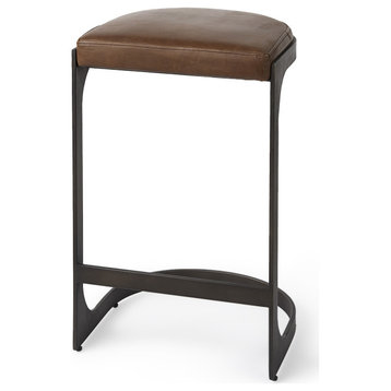 Brown Leather C Shape Metal Counter Stool