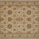 Bareens Designer Rugs - Bohemien Ziegler Southerl Beige Hand-Knotted Wool Rug - 8'2'' x 9'11'' - Enhance the ambiance of your home with this magnificent Persian-influenced Turkish hand-knotted rug made by skilled artisans capable of creating the most exceptional vegetable dyes and hand-spun wool. This exquisite handmade rug is a one-of-a-kind Peshawar Kafkaz, otherwise identified as Chobi, Chobi Peshawar, Oushak, or Ziegler rug. These handmade rugs are crafted in Pakistan utilizing superior-quality wool imported from Australia, New Zealand, and Korea in two types of weaves: the Persian weave and the Mori weave. This rug is meticulously crafted by hand using the finest natural vegetable dyes extracted from local plants. The artisans use a blend of hand-spun local and fine merino wool, resulting in a rug with a compelling texture, higher lanolin content, and longer staple. The artisans occasionally incorporate natural or artificial silk into the pile to enhance specific motifs. The finished product is an awe-inspiring execution of flawless design and an understated palette that exudes elegance.