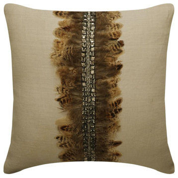 Decorative Beige Linen Throw Pillow Cover Feathers & Crystals - Exotic Feathers