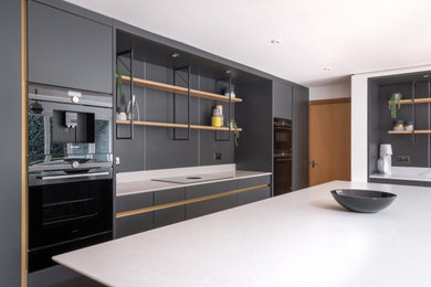 Medium sized contemporary kitchen in Gloucestershire with flat-panel cabinets and an island.