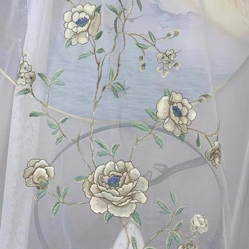 QYHL225L Silver Beach Embroidered Beautiful Hibiscus Flowers Blue Faux Silk Cust