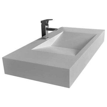 Wall-Mount Floating Sink Solid Surface Stone Resin Bathroom V-Shaped Sink, Matte White