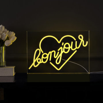 Bonjour Heart 15" X 10.3" Acrylic Box USB Operated LED Neon Light, Yellow