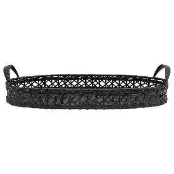 Decorative Hand-Woven Rattan Tray With Handles, Black